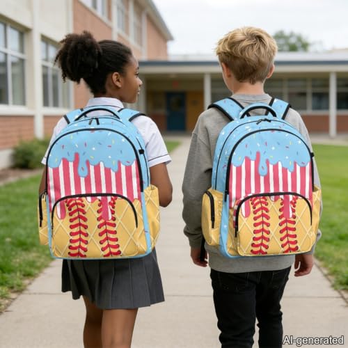 Suobstales Baseball Ice Cream Star Drip Print Backpack for Kids Girls Boys, Large Capacity School Backpack Bookbag Lightweight Casual Daypack with Adjustable Shoulder Strap for Travel Hiking School - color: Baseball Ice Cream Star Drip