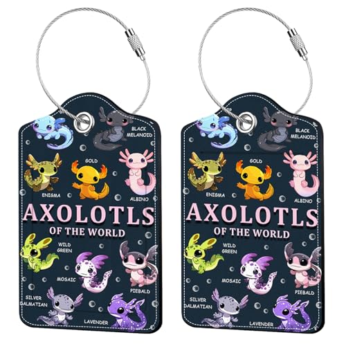 2 Pcs Axolotl Luggage Tags for Suitcase, Leather Luggage Tags Cute, Privacy Cover ID Label with Stainless Steel Loop & Address Card, Axolotl Travel Bag Tag Luggage Accessories for Suitcases - color: Colorful-axolotls
