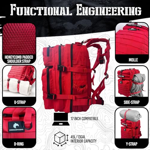 AMERICANPHOENIX 45L Elite Tactical Backpack | 3X Stronger Work & Military Backpack | Water Resistant and Heavy Duty | 3 Day MOLLE Bug Out Bag (Scarlet Sage) - color: Scarlet Sage