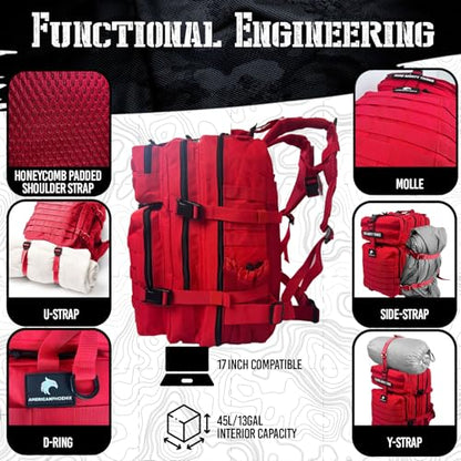 AMERICANPHOENIX 45L Elite Tactical Backpack | 3X Stronger Work & Military Backpack | Water Resistant and Heavy Duty | 3 Day MOLLE Bug Out Bag (Scarlet Sage) - color: Scarlet Sage