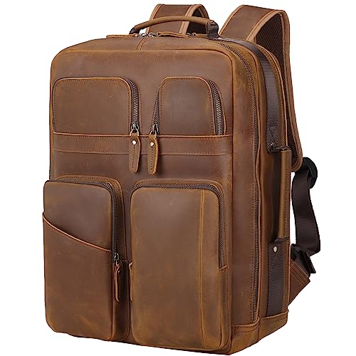TIDING 17.3 Inch Full Grain Leather Laptop Backpack for Men Multi Pockets Casual Daypack Travel Rucksack - color: Brown