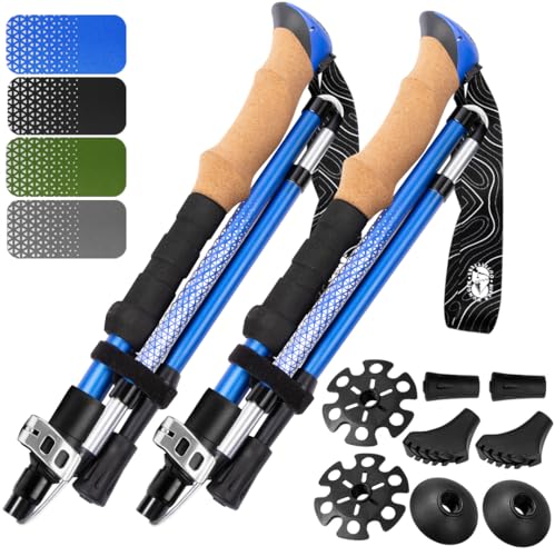 Premium Foldable Hiking Poles by USA Brand - Adjustable, Lightweight Trekking Poles Made of Aircraft Aluminum, Metal Locks Cork EVA Grips - color: Cork - Blue, size: 100-120 cm for Height: 5'9" and smaller
