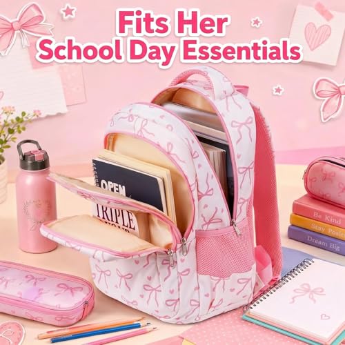 LEDAOU Girls Boys Backpack with Lunch Box, 3-Piece School Bookbag Set - color: Pink Bow