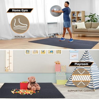 24 Pack, 96 SQFT - 24" x 24" - 1/2" Extra Thick Floor Exercise Mat for Home Gym or Floor Padding - High-Density EVA Interlocking Foam Floor Tiles for Gym Equipment, Play Area | Yoga, Cardio, Weights - size: Black