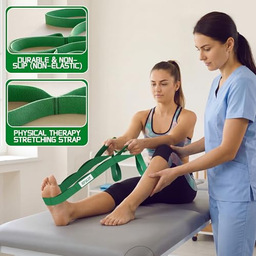 Stretching Strap for Physical Therapy and Home Rehab, 10 Loops Non-Elastic Yoga Strap for Hamstring, Calf and Back Stretching, Mobility, Exercise, Pilates, Flexibility - color: Green