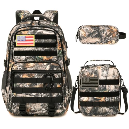 Camo Backpack for Boys, Tactical Boys Backpack with Lunch Box Pencil Case, Kids Backpacks with USB Charging Port, Military Army School Bookbag for Teen Boy Elementary Middle High School Camp - color: Brown Leaves