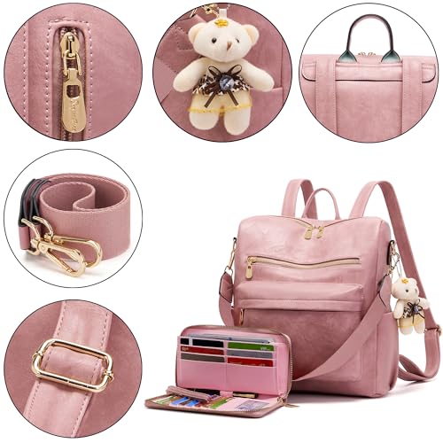 Soperwillton Women Backpack Purse Multipurpose Design Handbags Shoulder Bag PU Leather Travel bag Backpack Set 2pcs - color: Pink