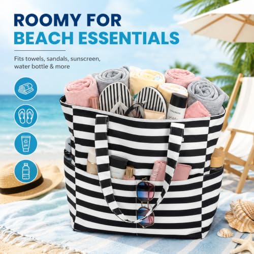 LEDAOU Beach Bag Waterproof Sandproof Women Beach Tote Pool Bag with Zipper for Swim Gym Grocery Travel with Wet Pocket | Sandproof - color: Black White Stripe