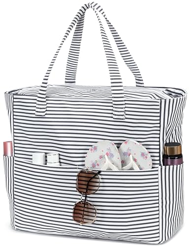 LEDAOU Beach Bag Waterproof Sandproof Women Beach Tote Pool Bag with Zipper for Swim Gym Grocery Travel with Wet Pocket | Sandproof - color: Light Black White Stripes