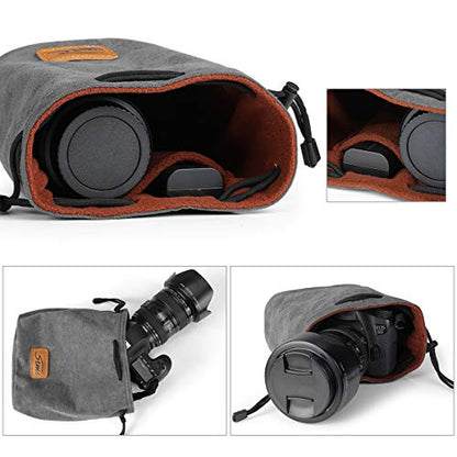 S-ZONE Soft Camera Bag DSLR Insert Handbag Drawstring Lens Case Compatible with Canon Nikon Sony - color: Grey, size: Large