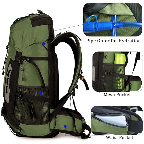 60L Travel Hiking Camping Backpack with Rain Cover,Backpack Water Resistant,Climbing Backpack for Men Women (DEEP GREEN) - color: Deep Green