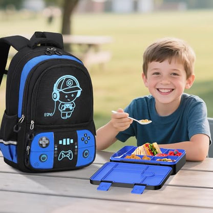 Bevalsa Backpack for Boys with 43OZ Bento Lunch Box,Insulated Lunch Bag & Pencial Case,Cool Luminous Gamer Schoolbag for Kids Teens Elementary Middle School,Bookbag Glow In The Dark - color: Blue, style: Backpack With 43oz Bento Box