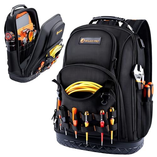 Tool Backpack Heavy Duty, Tool Bag Backpack for Men Waterproof Oxford Fabric with Plastic Base, 19IN Large Capacity with 44 Pockets, Padded Back & Straps for All Worksite Environments