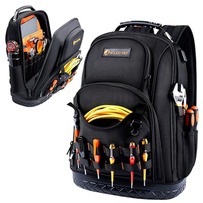 Tool Backpack Heavy Duty, Tool Bag Backpack for Men Waterproof Oxford Fabric with Plastic Base, 19IN Large Capacity with 44 Pockets, Padded Back & Straps for All Worksite Environments
