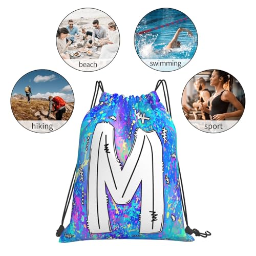Drawstring Backpack Bag Sport Gym Sackpack Initial Blue Draw String Cinch Bags Bulk String Backpack Storage Bag for Women Men Letters M - color: Letters M