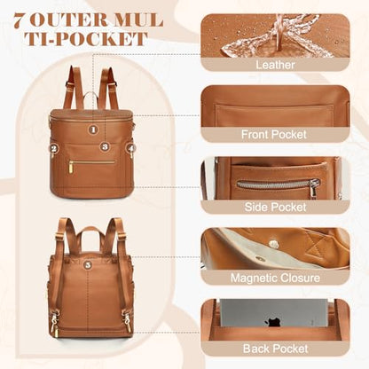 miss fong Diaper Bag Backpack Baby Diaper Bag, Large Leather Diaper Bag Backpack with Changing Pad,Pañaleras Para Bebe for Moms, Stroller Straps, and 2 Insulated Pockets(Convertible, Brown) - color: Brown