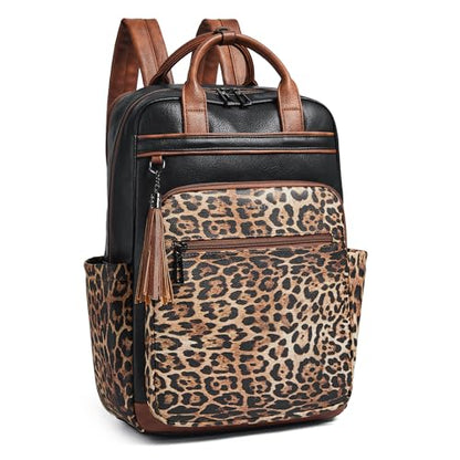 Shrrie Laptop Backpack for Women 15.6 inch Travel Leather Backpack Purse Work Computer Backpacks for Business College Black With Leopard - color: Black With Leopard