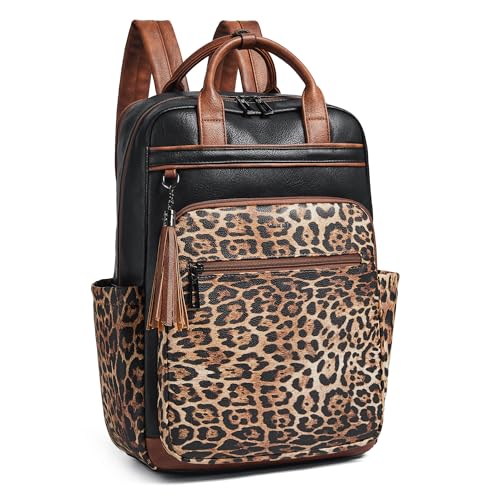 Shrrie Laptop Backpack for Women 15.6 inch Travel Leather Backpack Purse Work Computer Backpacks for Business College Black With Leopard - color: Black With Leopard
