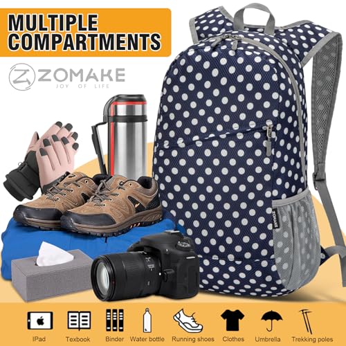 ZOMAKE Lightweight Packable Backpack 20L,Foldable Backpacks Small Daypack for Hiking Water Resistant Day Bag for Travel(Blue, White Polka Dot) - color: Blue, White Polka Dot