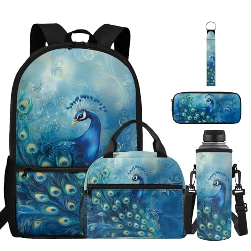 ZDCUSTOM Girls Backpack with Lunch Box, Peacock School Bookbag for 2nd 3rd Grade Girls, Cute School Backpack with Pencil Case & Water Bottle Cover & Keychain, Blue Schoolbags Sets 5PCS - color: Peacock