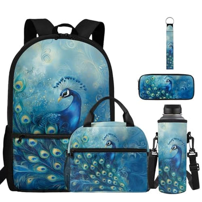 ZDCUSTOM Girls Backpack with Lunch Box, Peacock School Bookbag for 2nd 3rd Grade Girls, Cute School Backpack with Pencil Case & Water Bottle Cover & Keychain, Blue Schoolbags Sets 5PCS - color: Peacock