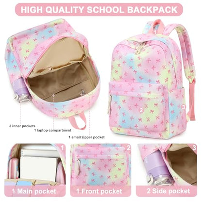 LEDAOU School Backpack for Teen Girls Elementary Middle School Bookbag Kids Backpacks Women Laptop Backpack Travel Daypack (Bow Rainbow) - color: Bow Rainbow
