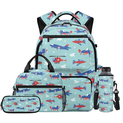 Airplane Backpack for Boys Kids School Backpacks with Lunch Box Pencil Case Water Bottle Sleeve 4PCS Set Preschool Backpack for Boys 17 Inch Lightweight School Bag with Adjustable Straps - color: Airplane