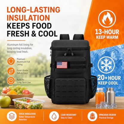 25L Extra Large Tactical Cooler Backpack, Soft Lightweight Insulated Lunch Box for Men, 38 Can Leakproof Cooler Bag Keeps Hot Cold up to 20H for Camping, Hiking, Beach, Work, Black