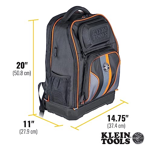 Klein Tools 62805BPTECH 28-Pocket Laptop Backpack Tool Bag, Tradesman Pro Extra-Large Tech Tool Backpack with Molded Bottom, Charging Port