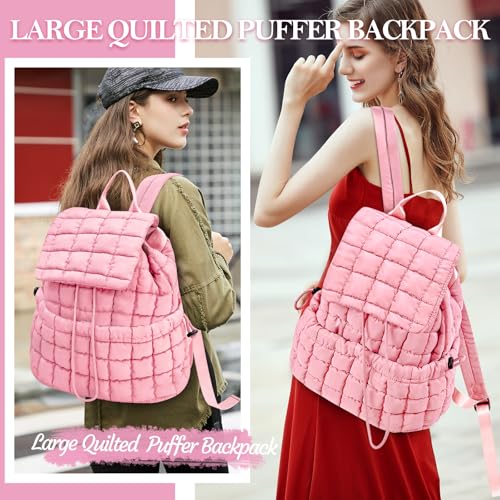 Quilted Puffer Backpack for Women Lightweight Soft Puffy Backpack Purse Casual Daily Drawstring Flap Daypack (Pink) - color: Pink