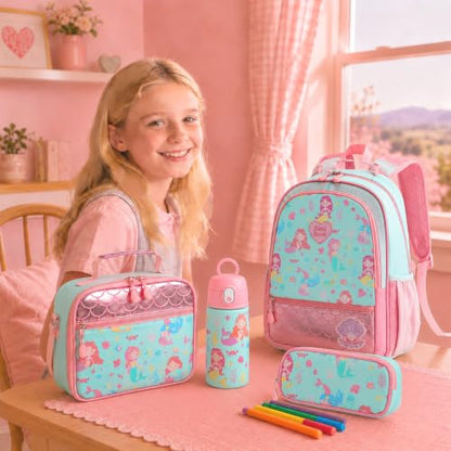 Kids Backpack for Girls 5-8, 4PCS Toddler Backpack with 13oz Kids Insulated Water Bottle, Lunch Box and Pencil Case, Girls Bookbag Schoolbag for Primary Kindergarten Elementary School - color: Green Mermaid