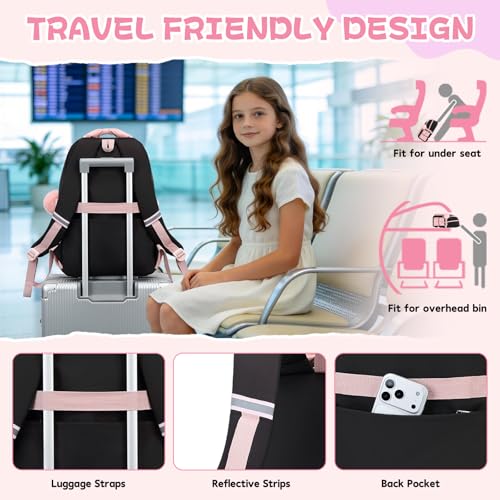MUSEVOS Girls Backpack, Kids Backpack for Girls, School Bookbag for Teens Age 6-15, Large Capacity Water Resistant Backpack for Elementary to High School, Cute Travel Daypack, Black Pink 3pcs - color: Black Pink-3pcs