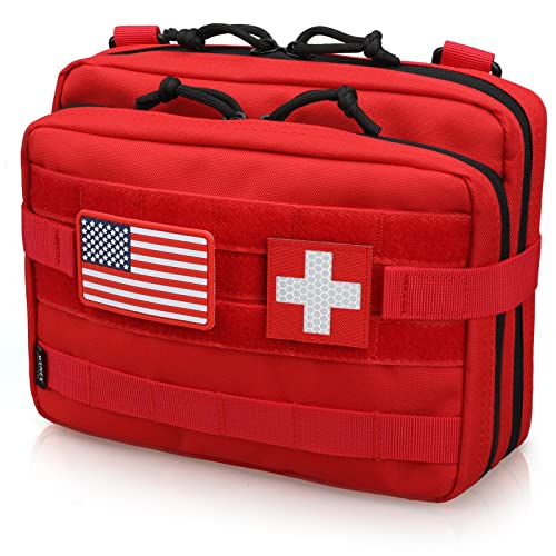 WYNEX Tactical Large Admin Pouch of Double Layer Design, Molle EDC EMT Utility Pouch with Map Sleeve Modular Tool Pouch Large Capacity Flag Patch Included - color: Red