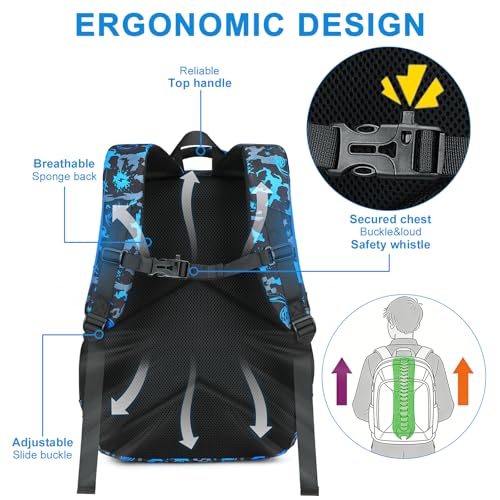 Bluboon Boys School Backpack, Lightweight Kids Bookbag for Elementary and Middle School, Water-Resistant Student Backpack Fits 15.6 Inch Laptop, Chest Strap, Multiple Pockets - color: Blue Graffiti