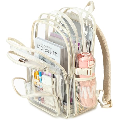 abshoo Large Heavy Duty Girls Clear Backpack for School Bookbag Transparent Multi Pocket Backpacks for Women (Beige) - color: Beige