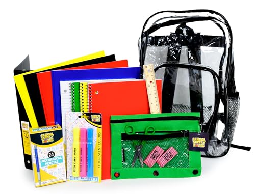 School Supply Boxes | 17" (Black or Clear) Backpack Bundle for (Elementary, Intermediate, or High School) (High School, Clear) - color: Clear, style: High School