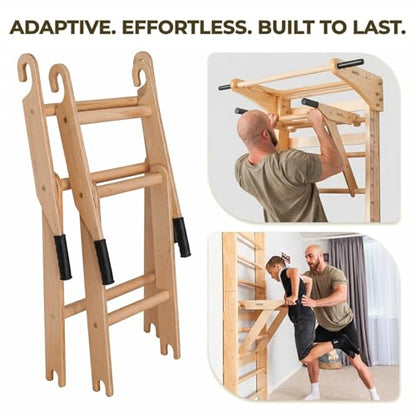 Swedish Ladder Wall Bars with Pull-Up Bar, Dip Station & Accessories for Kids and Adults – Wooden Stall Bars Home Gym with Gymnastic Rings, Rope, Swing & Climbing Ladder