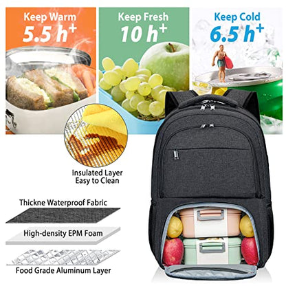 Lunch Backpack, Insulated Cooler Lunch Bag Backpack, Large School Backpacks for Teen Boys Water Resistant Back Pack Gift for Men Fit 17 Inch Laptop, - color: Black