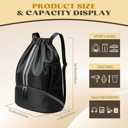Drawstring Backpack Bag Sports Gym Backpack with Shoes Compartment for Soccer, Basketball, Swim, String Backpack Beach for Men and Women