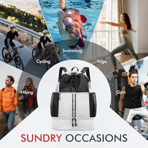 PinCute Drawstring Gym Bag for Men/Women - Mesh Beach Swim Bags Sports Backpack with Wet Pocket&Shoe Compartment, Lightweight - color: White