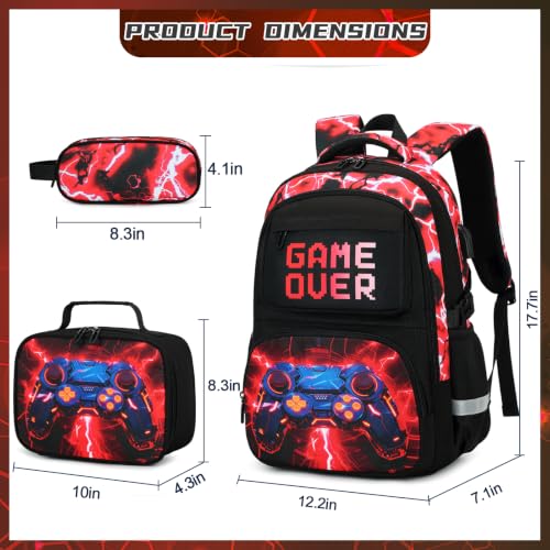 Scothen 3PCS Boys Backpack Set, Cool Backpack for Boys with Lunch Bag & Pencil Case, Kids School Bag Teen Boy Bookbag for Kindergarten Elementary Middle School with USB Charging Port - color: Red Lightning