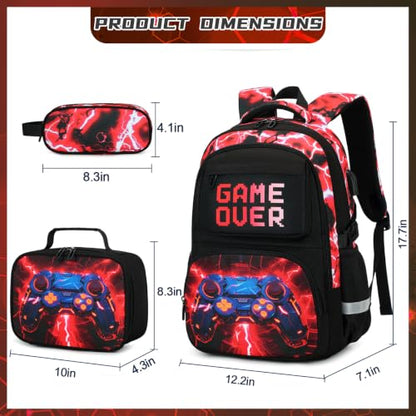 Scothen 3PCS Boys Backpack Set, Cool Backpack for Boys with Lunch Bag & Pencil Case, Kids School Bag Teen Boy Bookbag for Kindergarten Elementary Middle School with USB Charging Port - color: Red Lightning