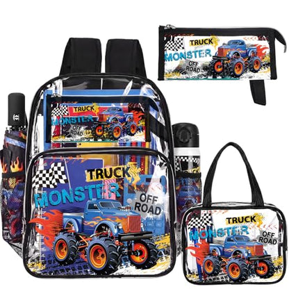 Kacctyen 3 Pcs Clear Backpack for Heavy Duty Clear Stadium Bag Transparent Backpack with Lunch Bag(Black,Monster Truck) - color: Black