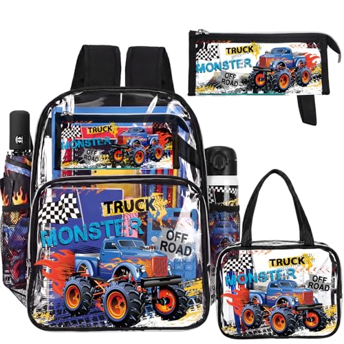 Kacctyen 3 Pcs Clear Backpack for Heavy Duty Clear Stadium Bag Transparent Backpack with Lunch Bag(Black,Monster Truck) - color: Black