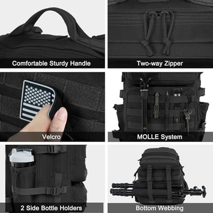50L Military Tactical Backpack Large Day Backpack for Men Molle Army 3 Days Assault Pack Bug Out Bag Water Resistant and Heavy Duty Hiking Treeking Rucksack - Black - color: Black, size: 50L