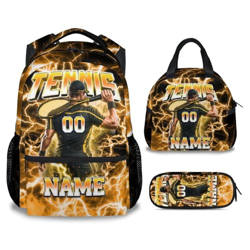 UNIKITTY Boys Tennis Backpack Set, Personalized School Backpack with Lunch Box & Pencil Case; 17 Inch Large Capacity Tennis Bookbag, Water Resistant for Kids Teens Elementary & Middle School - color: Yellow