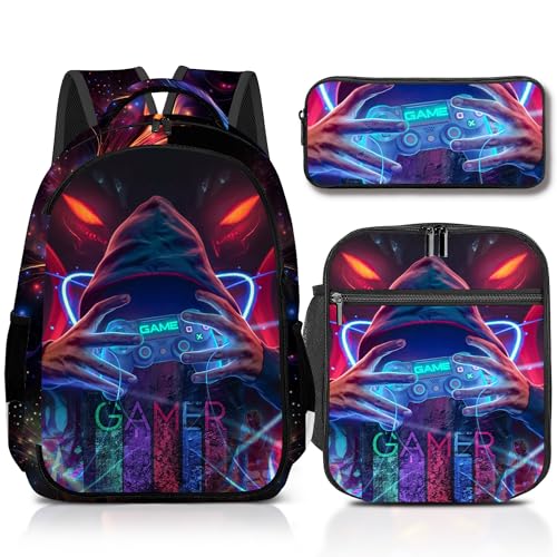 Boys Backpack with Lunch Box and Pencil Case, 3Pcs Gamer Backpack for Boys Teens, 17 Inch Large Capacity - color: GAME-NMWJ-11