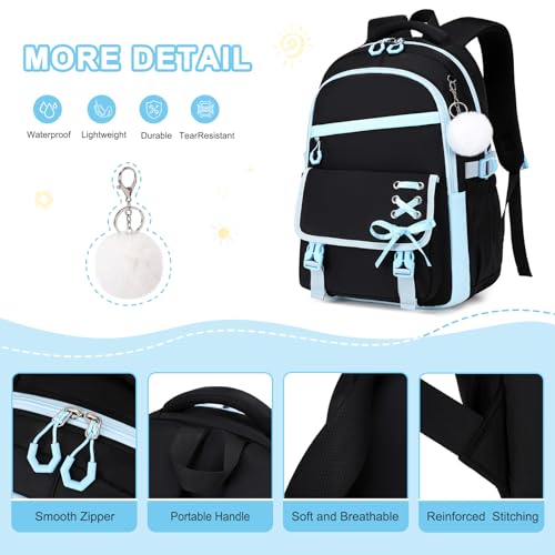 Scothen 3PCS Girls Backpack for School, Kids Backpack for Girls with Lunch Bag Pencil Case, Kids Bookbag Teen Backpacks for Elementary Middle High School - color: Black-blue