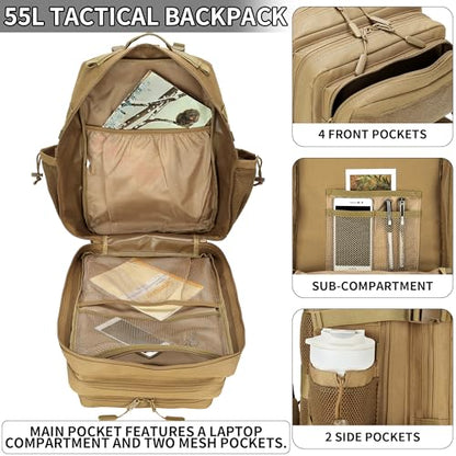 55L Tactical Backpack Heavy Duty Military Rucksack Molle Backpack 3 Day Assault Pack for Work Outdoors - color: Khaki