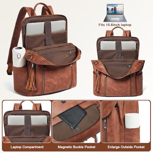 Shrrie Laptop Backpack for Women 15.6 inch,Travel Leather Backpack Purse Nurse Teacher Carry on Backpack Computer Bag,Professional Water-Resistant College Business Work Casual Daypack,Nubuck Brown - color: Nubuck Brown